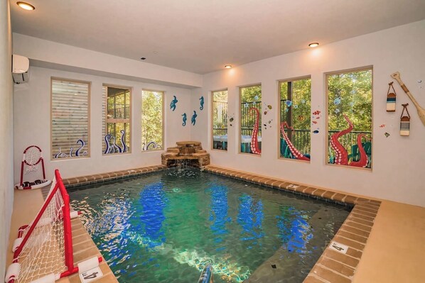 Indoor heated pool. A comfortable 84 degrees. Depth 4 foot deep.