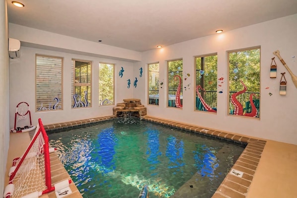 Indoor heated pool. A comfortable 84 degrees. Depth 4 foot deep.