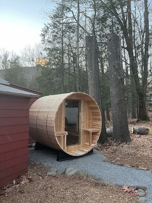 New outdoor barrel sauna! Bring your robes! 