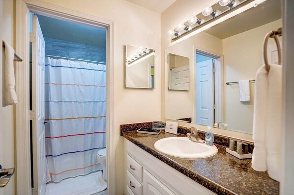 Bathroom with soap and toiletries to get your stay started!