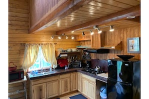 Kitchen space. Gas stove top, Microwave, Toaster oven, Full-size refrigerator.