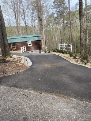 Shorter side of the l shaped driveway 