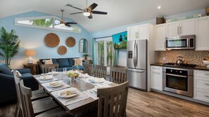 The dining area flows into the living area...