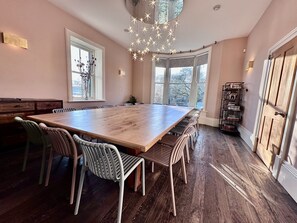 Dining table comfortably sits 18