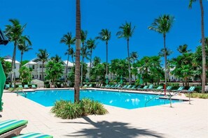 Shared pool, heated 5 feet salt but all salt pools do have some chlorine.