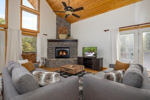 Our big comfy, leather couches are the perfect place to unwind and watch a movie at the end of a long day in Pigeon Forge, Dollywood or up in the Mountains!