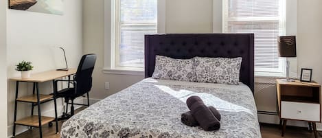Queen bed with super comfortable memory foam mattress.