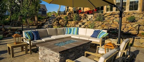 Outdoor sitting with gas fire table. 