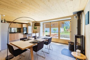 Wood burning stove in dining area