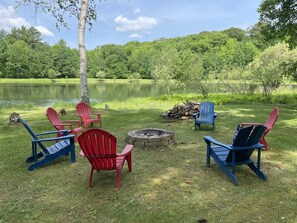 Fire pit by private 3 acre pond