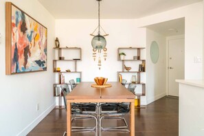 Dining area with comfortable dining table to sit four or more persons. 