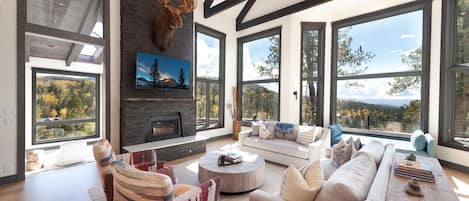 Main Living Space - TV, Wood Burning fireplace and amazing views from the floor to ceiling windows