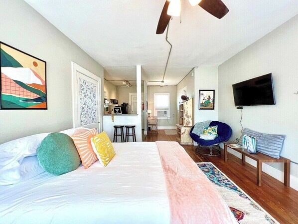 Sleep peacefully in a roomy, cozy bedroom filled with calming vibes.