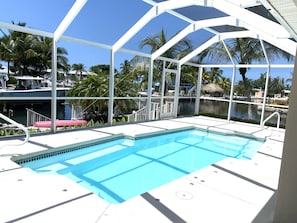 The pool is heated in the cooler months and has lots of seating to relax!