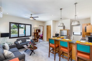 Living room and kitchen.