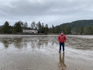 Tides out. Clamming and walking in the beach..