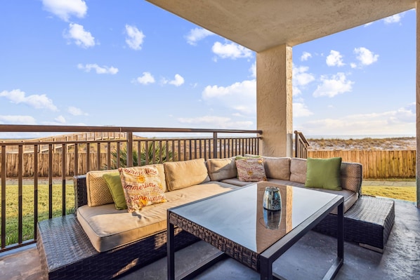 Patio with gulf front views and outdoor sectional