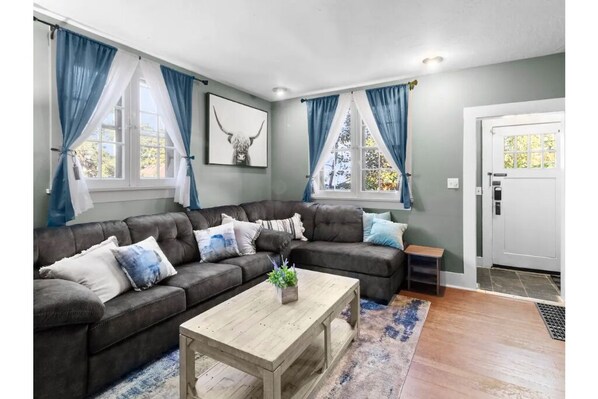 Living room with a Gueen sleeper in couch.