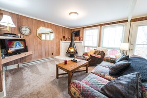 Cozy living room with unique fireplace and comfortable seating.