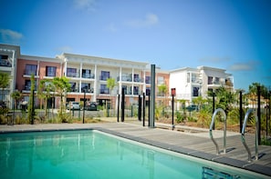 On a hot summer day, take a refreshing dip in the outdoor pool!