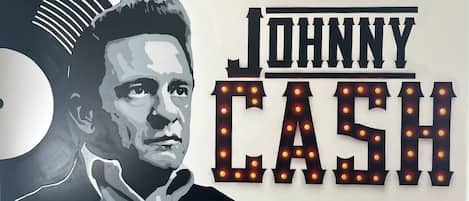 Stunning mural painted on the living room wall of the legend, Johnny Cash