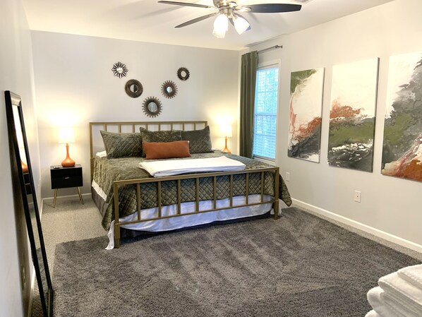 King Bedroom (3 of 3) - Bedding, Alarm Clock, Hangers, Ensuite Bathroom