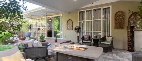 Outdoor living space looking toward back door