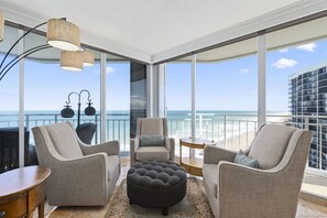 Chat area of Greatroom, overlooking two balconies and the Atlantic Ocean.