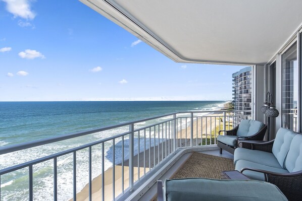 East balcony off Greatroom & Office, looking south over the Atlantic Ocean.