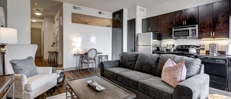 Cherish togetherness in our spacious and welcoming living area, designed for quality moments. Comes with Sofa Bed, HDTV (Roku, YoutubeTV for sports and news).