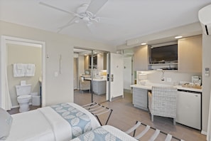 View of mirrored closet, exit into entry hallway, desk, mini-fridge, TV,
