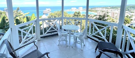 View from your gazebo of Caribbean Sea, beach, CruiseShip port, and town center