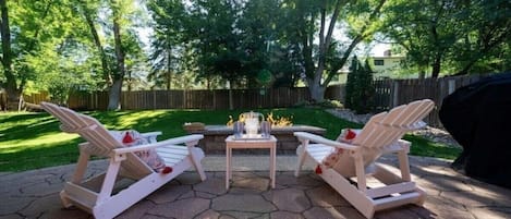 Large firepit with mature trees and private view.