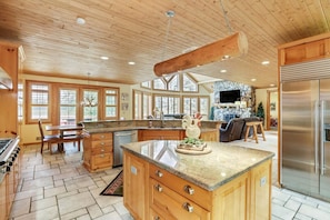 The Main Level Kitchen is fully stocked with everything you could need, including coffee makers, Keurigs, grounds and pods.