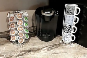 Keurig for the coffee lover, includes creamer and sugar.  Tea & Honey avail.