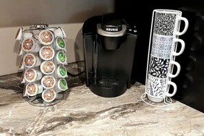 Keurig for the coffee lover, includes creamer and sugar.  Tea & Honey avail.