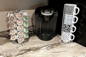 Keurig for the coffee lover, includes creamer and sugar. Tea & Honey avail.