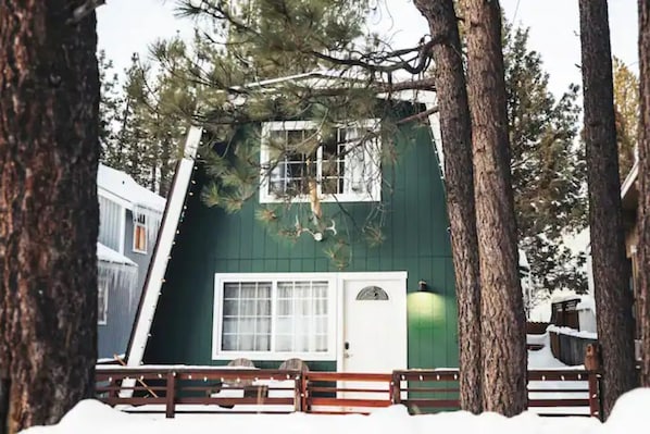 Our little green cabin, nestled among the trees.