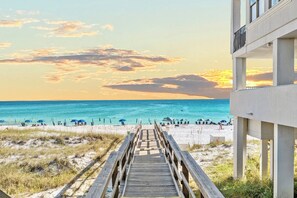 Open the gate to the private beach for Beach Pointe residents and guests giving you unlimited access to the beautiful pristine white sands and emerald green waters of Destin Beach. The section of the beach is located at the border of Destin and Miramar.
