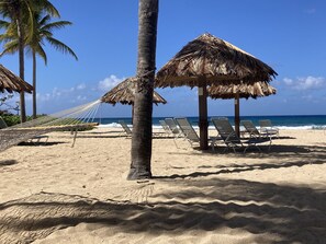 Thatched palapa's on the white sand beach