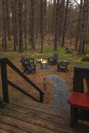 The fire pit area, just off the front deck.