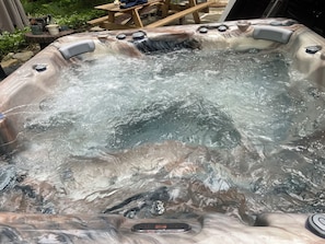 Take a soak in our new hot tub, installed during the summer of 2023.