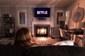 Ready to feel right at home? Catch up on your Netflix favorites while relaxing fireside with a cup of hot cocoa or glass of wine. Prefer some peace & quiet? Curl up on our cozy couch & listen to the comforting sounds of the wood-burning fireplace

