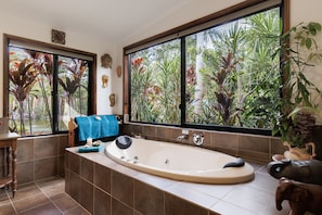 Enjoy a relaxing spa with bath salts provided and tropical views