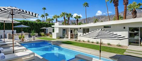 WELCOME TO PARADISE IN PALM SPRINGS!  TOTALLY PRIVATE COMPOUND WITH EXPANSIVE MOUNTAIN VIEWS, POOL, SPA, OUTDOOR KITCHEN, FIREPIT, INDOOR AND OUTDOOR FIREPIT AND MORE!