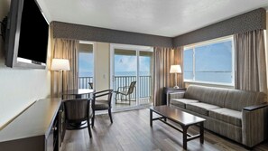 Living room and balcony with bay view