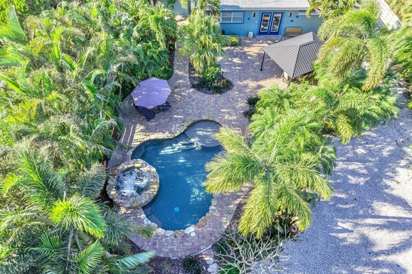 Beautiful backyard with pool, hot tub and loungers