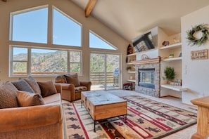 Open concept living area with gas fireplace