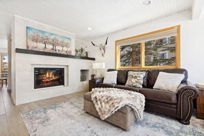 Wood-burning fireplace and Queen sleeper sofa in living area