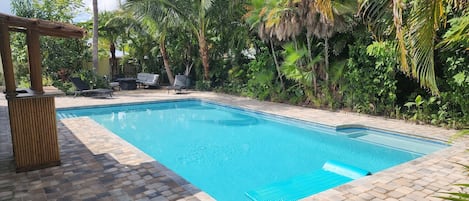 Just remodeled completely in September 2023, new backyard and heated pool with new tiling and color LED.